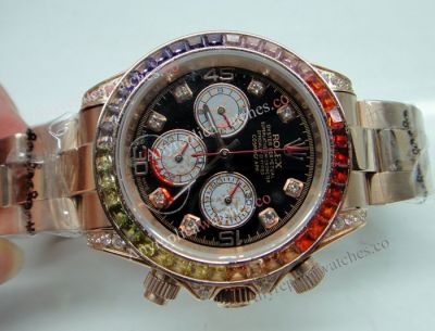 Replica Rolex Daytona Rainbow Watch Rose Gold Diamond Bezel Sapphire glass